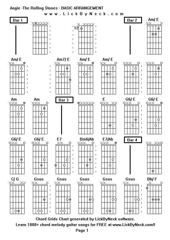 Chord Grids Chart of chord melody fingerstyle guitar song-Angie -The Rolling Stones - BASIC ARRANGEMENT,generated by LickByNeck software.